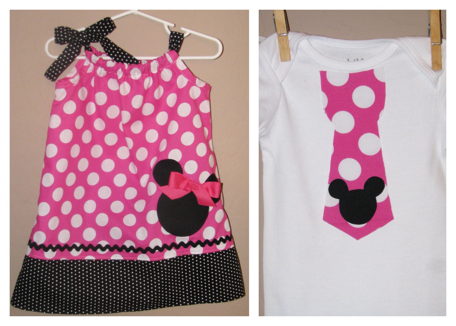 Disney Brother Sister Set - Baby Toddler Girl Boy -Dress and Tie Shirt - Pink Black Polka Dots -Perfect for Disney Trips - Mickey Minnie