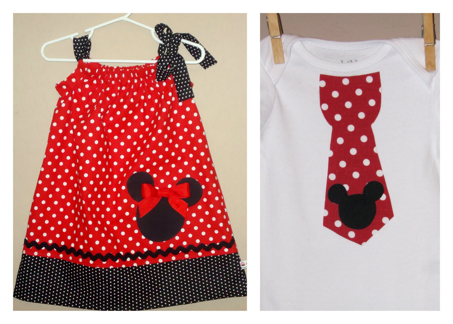 Disney Brother Sister Set - Baby Toddler Girl Boy -Dress and Tie Shirt - Red Black Polka Dots -Perfect for Disney Trips - Mickey Minnie