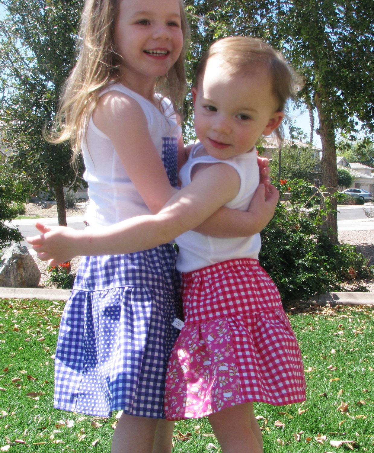 SALE Coordinating Sister SETS - Extra Twirly, Extra Girly Picnic Skirt Tank Top SET- Baby Toddler Girls Drop Waist Skirt - Gingham Garden