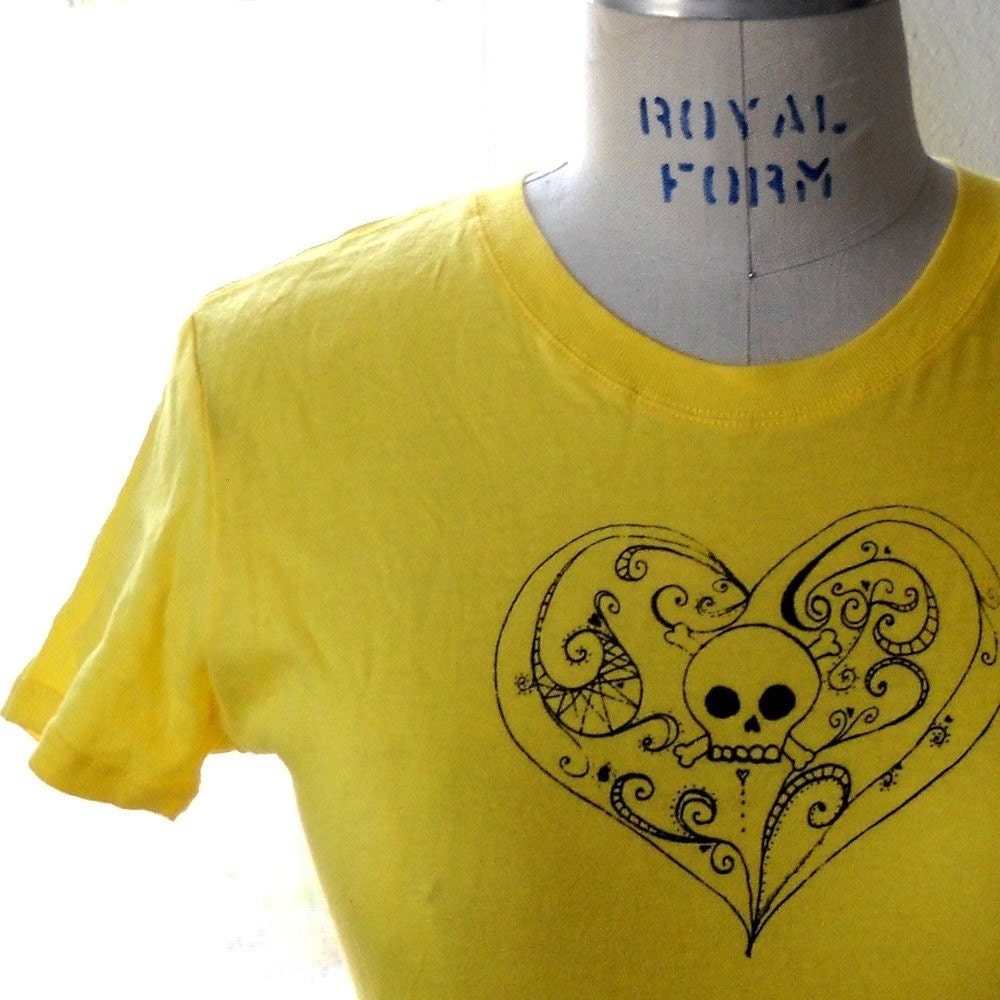 SKully Heart short sleeved ladies cotton Tee Shirt in yellow or custom colors