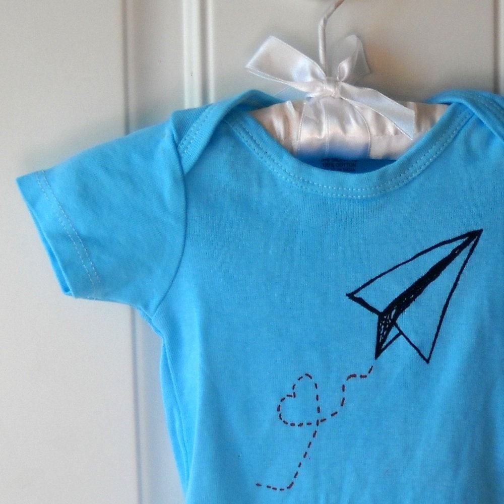 Baby Bodysuit, Turquoise Paper Airplane Onesie dyed turquoise or custom colors great baby shower gift