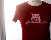 owl on a branch short sleeved crewneck ladies tshirt in burgundy or custom colors