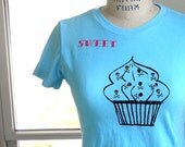 Sweet skull Cupcake Ladies short sleeved cotton crew neck tee shirt in blue or custom colors