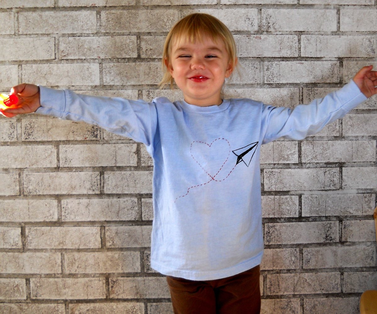 Childrens Paper Airplane Tshirt, Long Sleeve cotton crew-neck tshirt in powder blue or custom colors