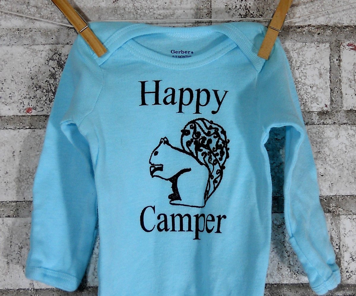 Long Sleeved Happy Camper Onesie hand printed and dyed