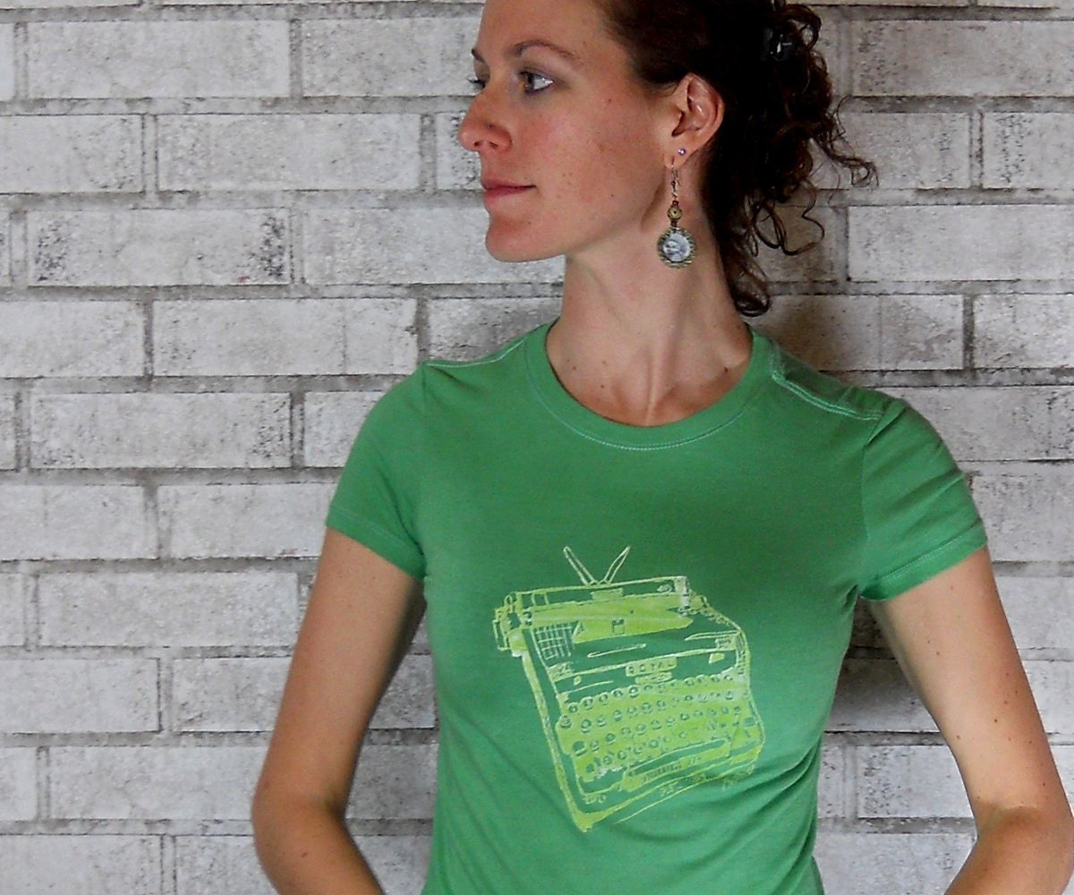 Ladies Typewriter Tshirt  in kelly green or custom colors, cotton crewneck tee shirt