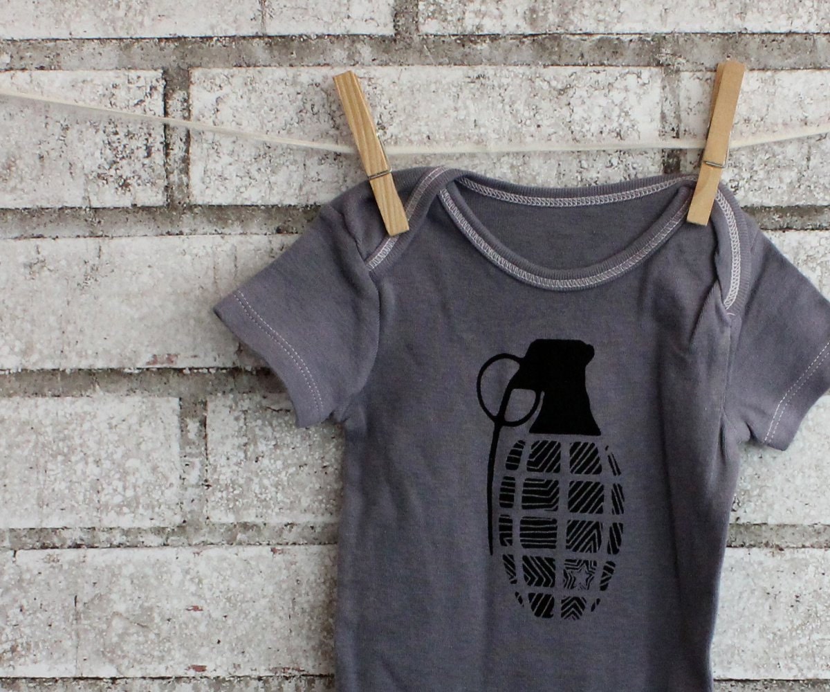 Cotton Baby Onesie With Grenade Screenprinted on it Dyed Grey or Custom Colors