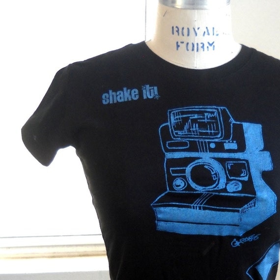 Shake it Polaroid Camera Ladies Tee Shirt in black and blue or custom colors