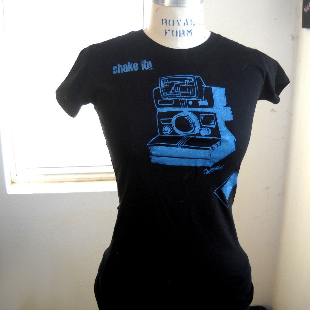 Shake it Polaroid Camera Ladies Tee Shirt in black and blue or custom colors