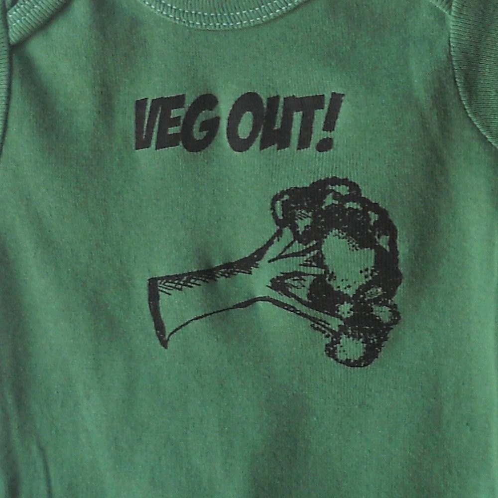 baby onesie, "VEG OUT" broccoli vegetable, cotton baby bodysuit in hand dyed green or custom colors