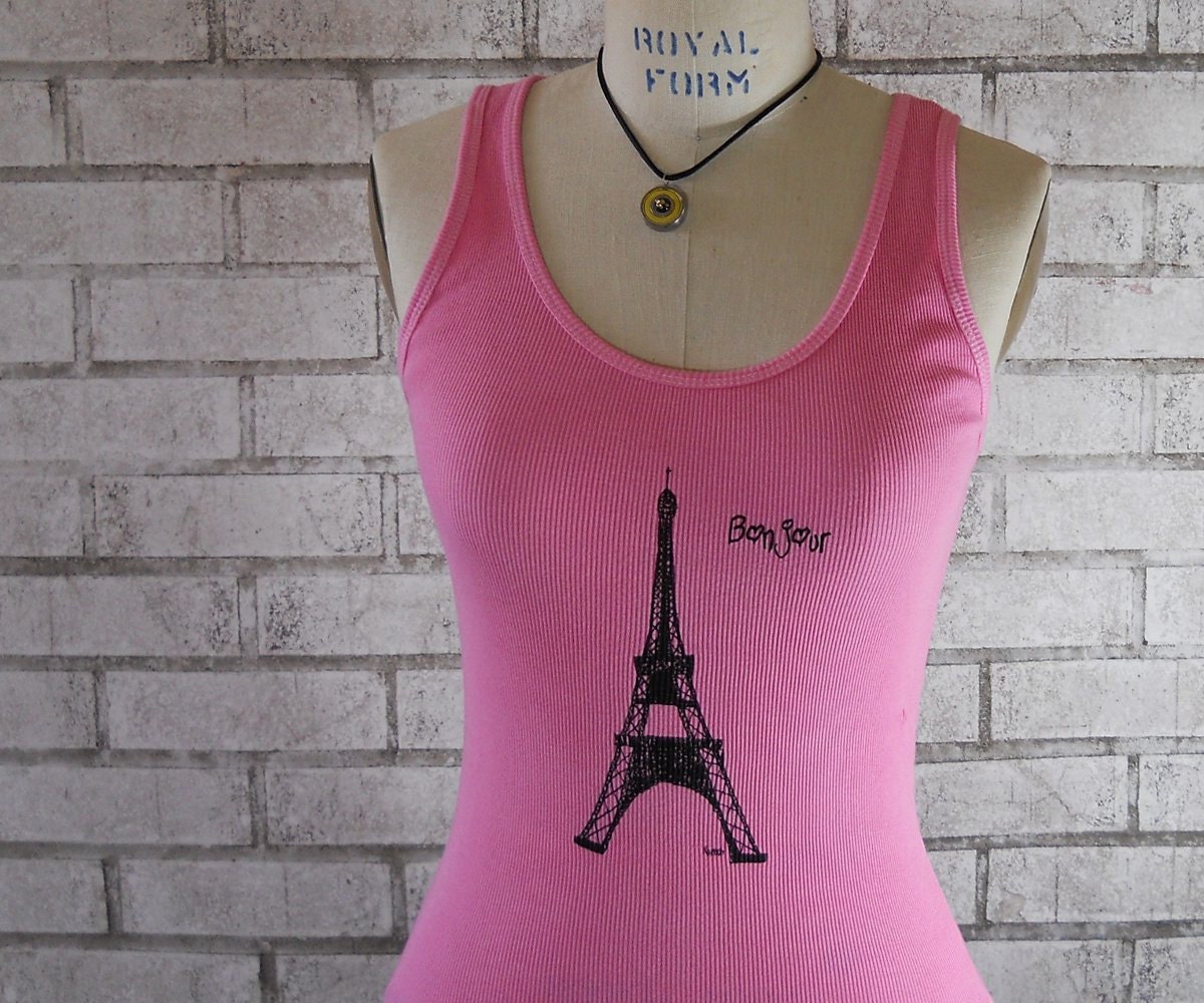 Ladies Eiffel Tower Tank Top, "bonjour" paris tank top in pink or custom colors