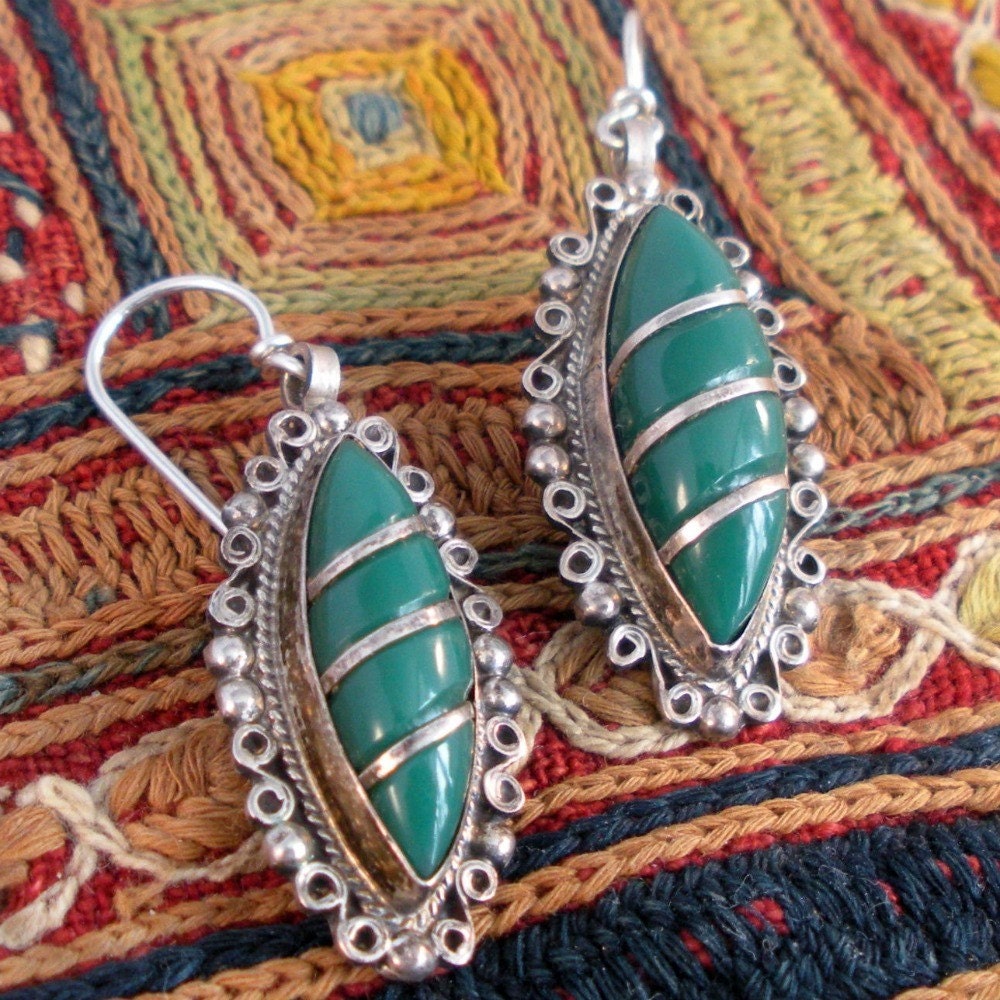 Mexico Earrings Sterling and Jade Glass