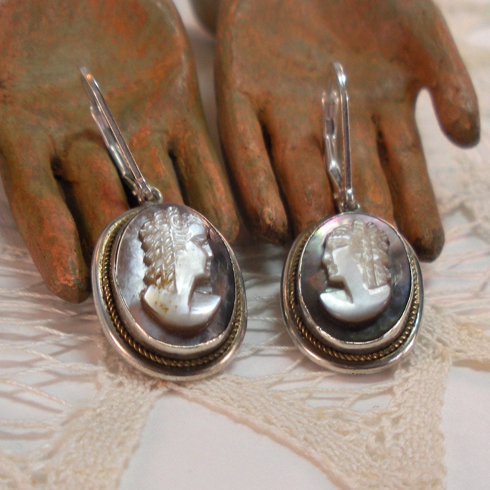 RESERVEDAntique Cameo Earrings Shell and Sterling