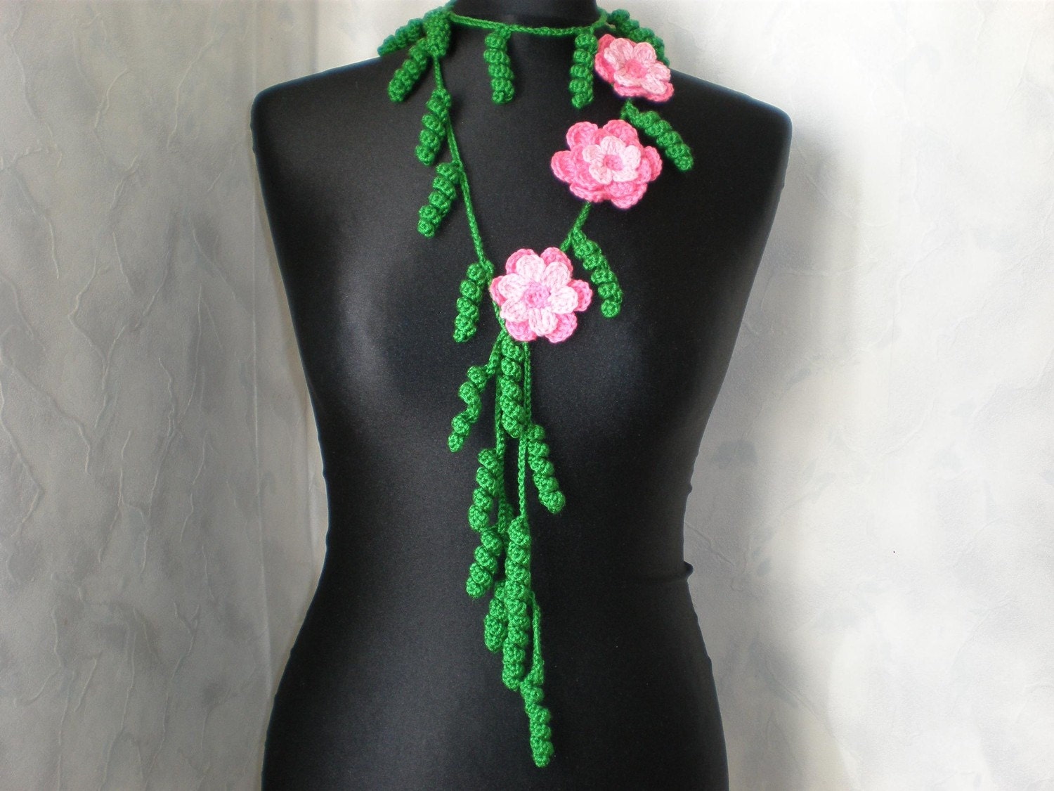 Hand crocheted pink elegant lariat,scarf, headband