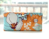 Handmade womens wallet   Handmade vegan cotton wallet tangerine and blue floral