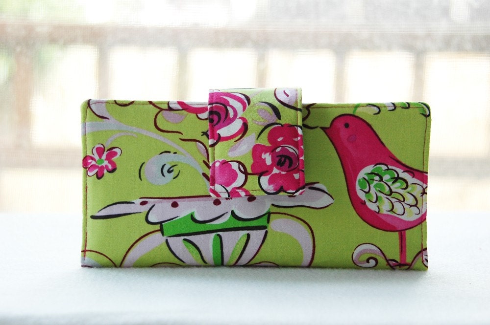 Handmade wallet green floral with bird ready to ship