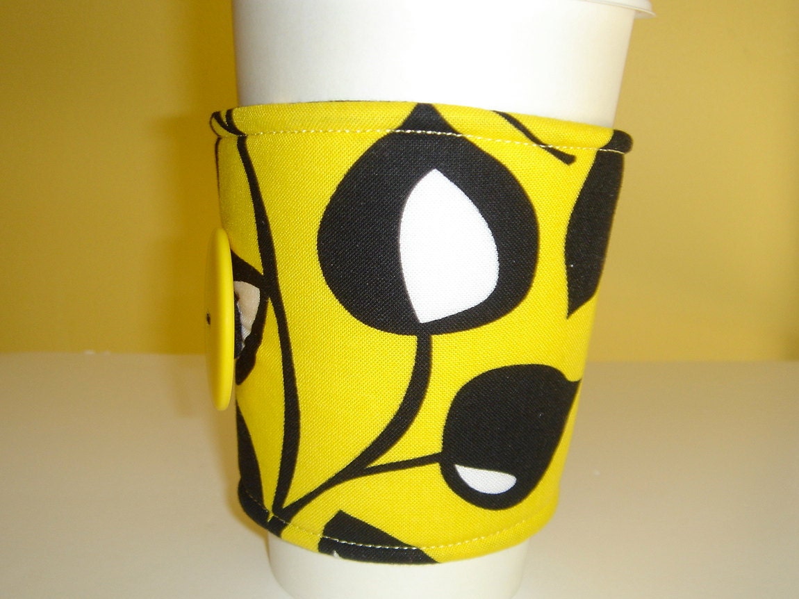 Coffee Cup Cozy Fabric Bright Yellow With Black Leaves - JenniferSews