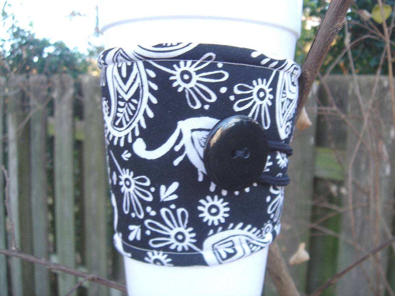 Coffee Cup Cozy Fabric Black and White Modern Paisley
