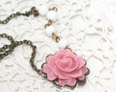 Pink Rose necklace, Pink Flower white beaded Necklace, Hippie chic Necklace, Summer flower Necklace, White opaque beads and Rose -Etsy Gift - AngelPearls