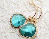 Aqua Blue crystal glass Drop Earrings, Rosecut Teal Blue Earrings, Aqua Glass golden bezel set Dangle earrings, Sea Glass, Wedding