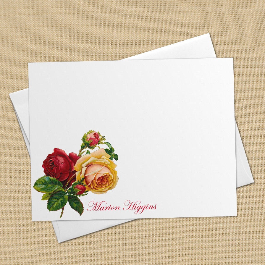 Victorian Rose - Set of 8 CUSTOM Personalized Flat Note Cards/ Stationery