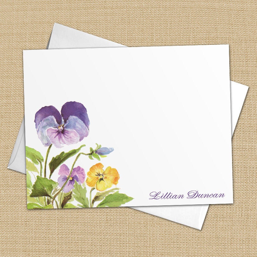 Purple and Gold Pansies - Set of 8 CUSTOM Personalized Flat Note Cards/ Stationery