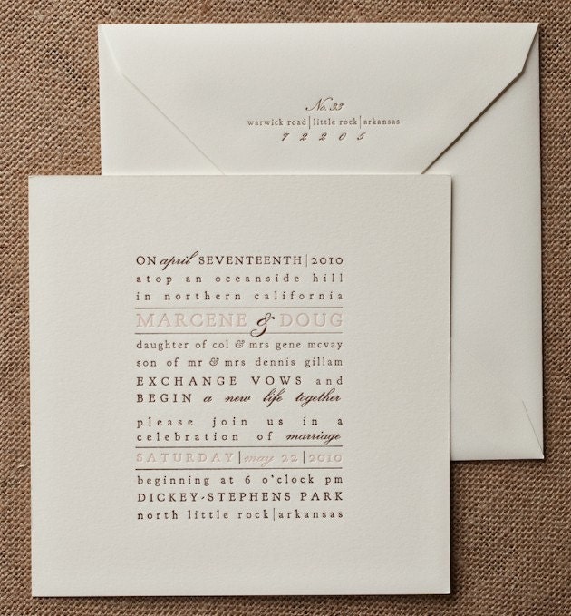 SALE 15% off (see details): text block letterpress WEDDING INVITATION sample