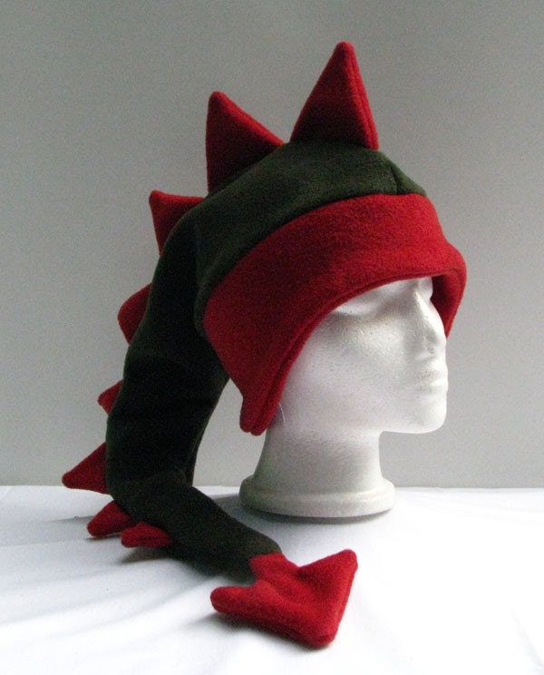 Fleece Dragon Hat - Green / Red Ear Flap Dinosaur Hat by Ningen Headwear