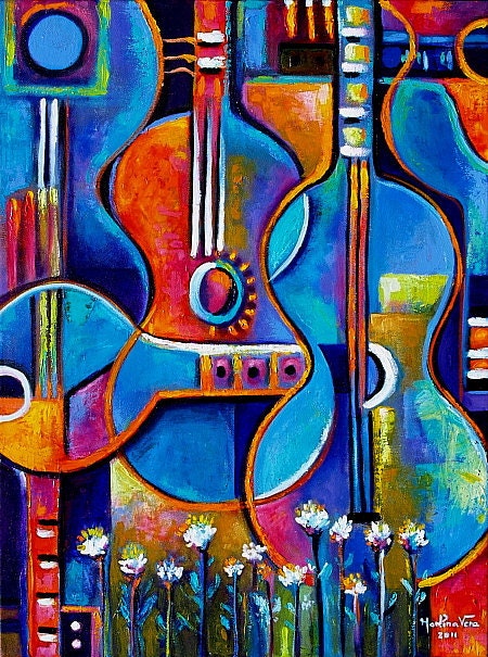 Abstract Original Impasto Acrylic Painting Guitars And Flowers Marlina Vera Cubist Art