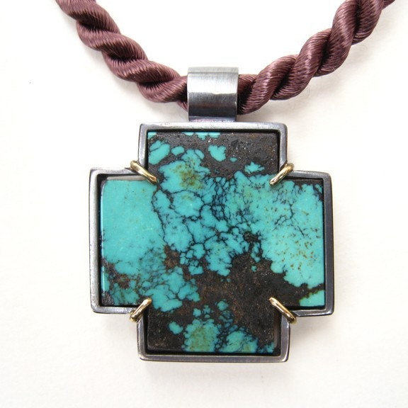 Turquoise Cross Pendant Oxidized  Silver 18k Gold  No. 1