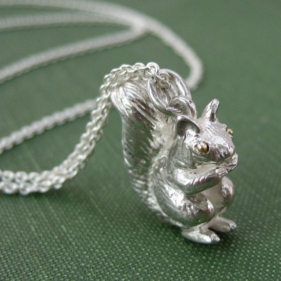 Squirrel Pendant Charm 18k Gold Eyes Sterling Silver