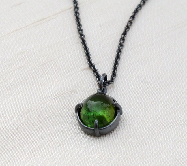 RESERVED-Green Tourmaline Pendant Charm Necklace Oxidized Sterling Silver