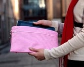 iPad Case with Zip, Padded E Reader Case, Travel Portfolio in the Pink and White Stripe Fabric