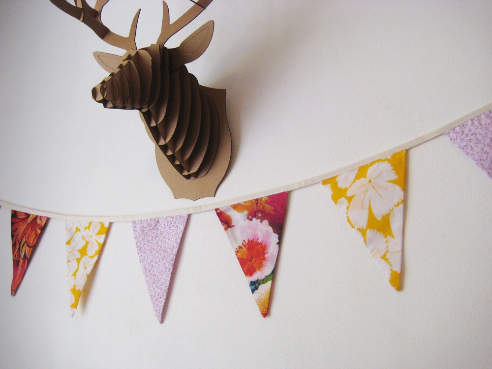 Flag Bunting, Pretty, Girl's, Floral, Eco-Friendly Fabric Decoration made from Recycled and Vintage Fabrics - One of a Kind