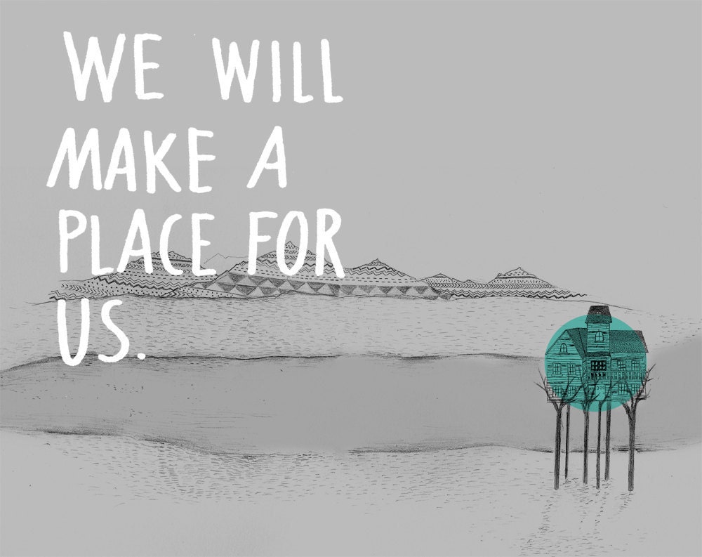 ORIGINAL ILLUSTRATION // A Place for Us (teal) - home treehouse and mountains drawing illustration art print