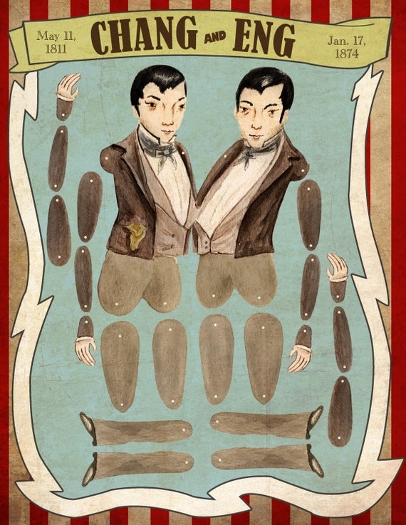 Chang and Eng circus historical paper doll art print