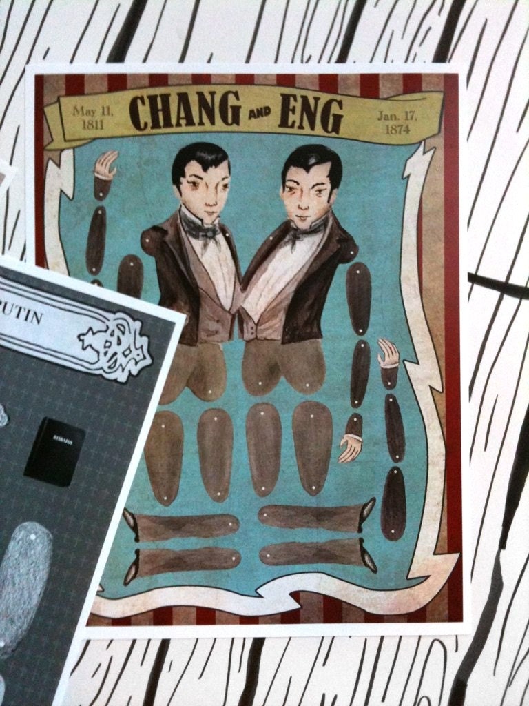 Chang and Eng circus historical paper doll art print