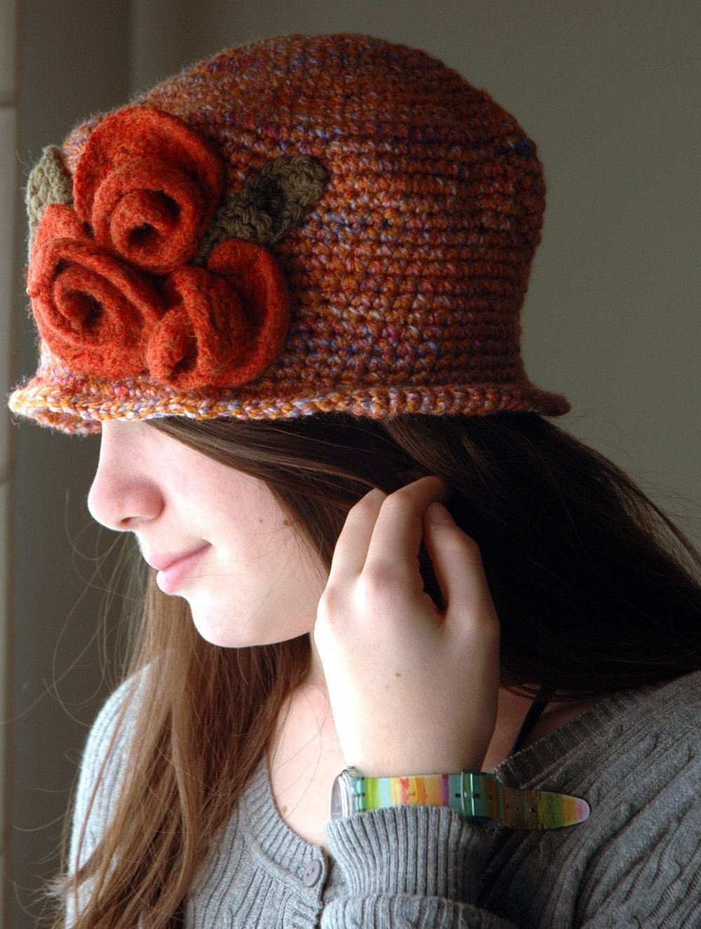 Autumn Colors- Ginger Pumpkin Crochet Cloche Hat with Maple Ginger Felted Roses Hat for the Autumn flapper Hat