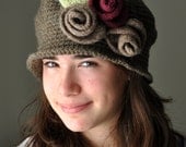 Crochet  Hat  with Felt Roses , Brown Desert Sand Cloche Hat , Crochet Cloche Hat with Burgundy and sand Felted  Roses