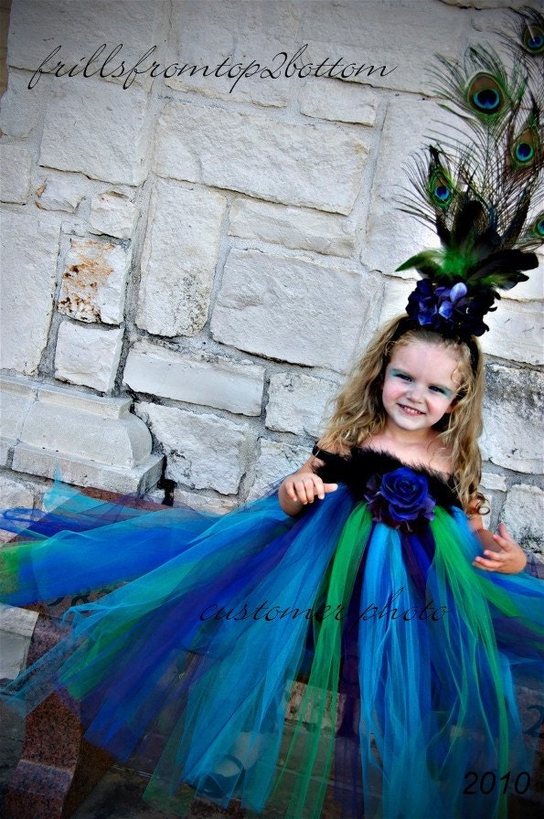 Infant/Toddler Peacock Tutu Dress and Feather Headband PLUS WINGS... Unique Costume or Party Attire... SIZES up to 3T
