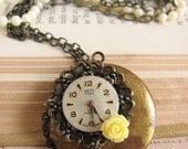 Shabby Chic Steampunk Locket Necklace -yellow rose and repurposed watch face-