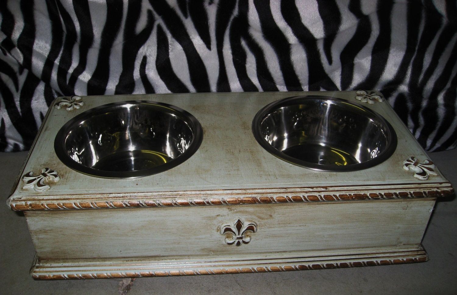 Custom Made Solid Wood Distressed Blue Shabby Chic Pet Dog Food Bowl Feeder Holder