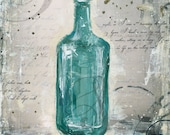 Found - 8 x 10 paper print - mixed media acrylic painting of vintage blue turquoise caribbean bottle, nautical ocean beach themed