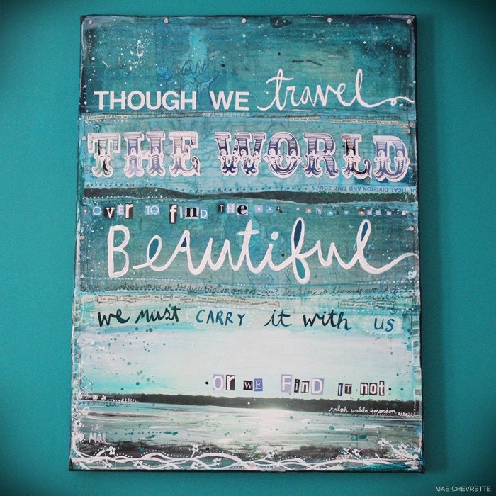 Find The Beautiful - a large original mixed media painting on canvas - serene blues, ocean themes, inspiring words