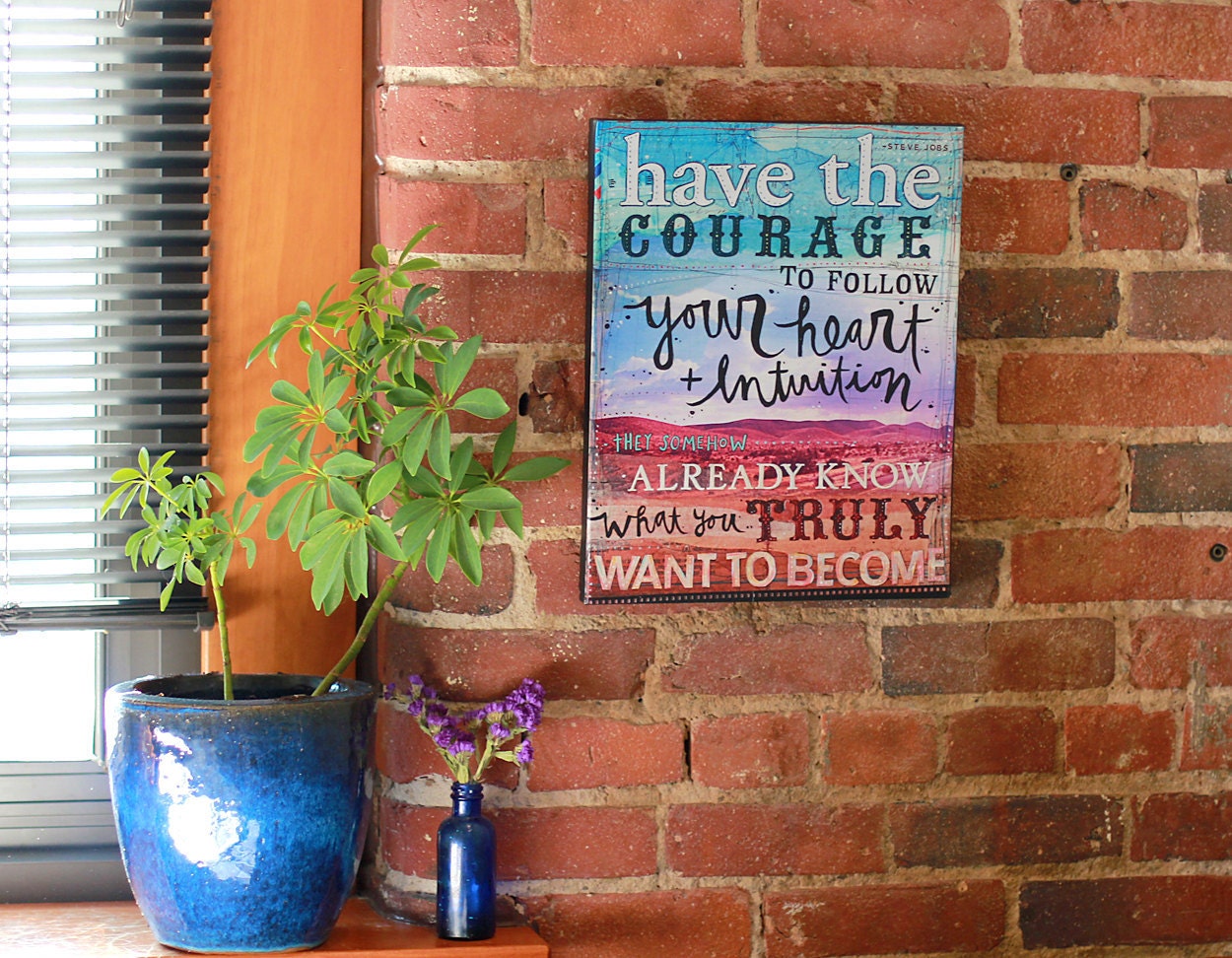 Heart and Intuition - 14 x 11 canvas print - Steve Jobs quote - inspirational mixed media word art, typography collage
