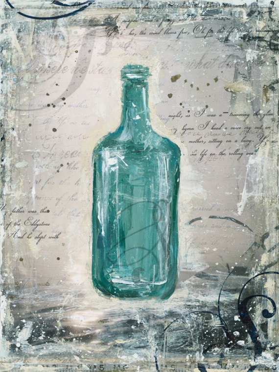 Found - 8 x 10 paper print - mixed media acrylic painting of vintage blue turquoise caribbean bottle, nautical ocean beach themed