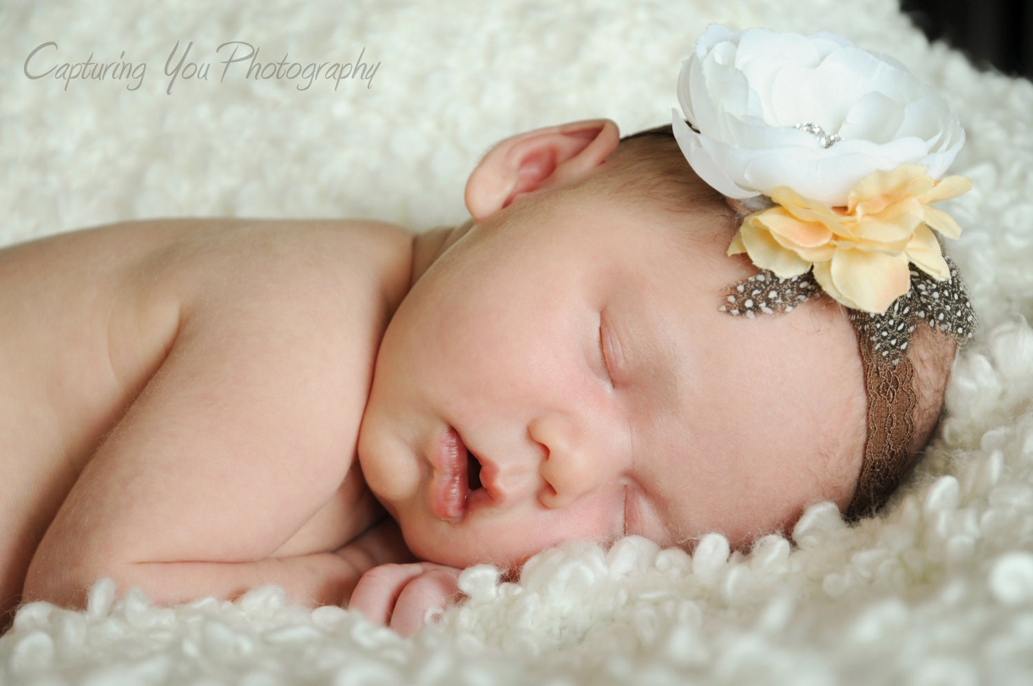 White Peony with Peachy Brown details Flapper Headband