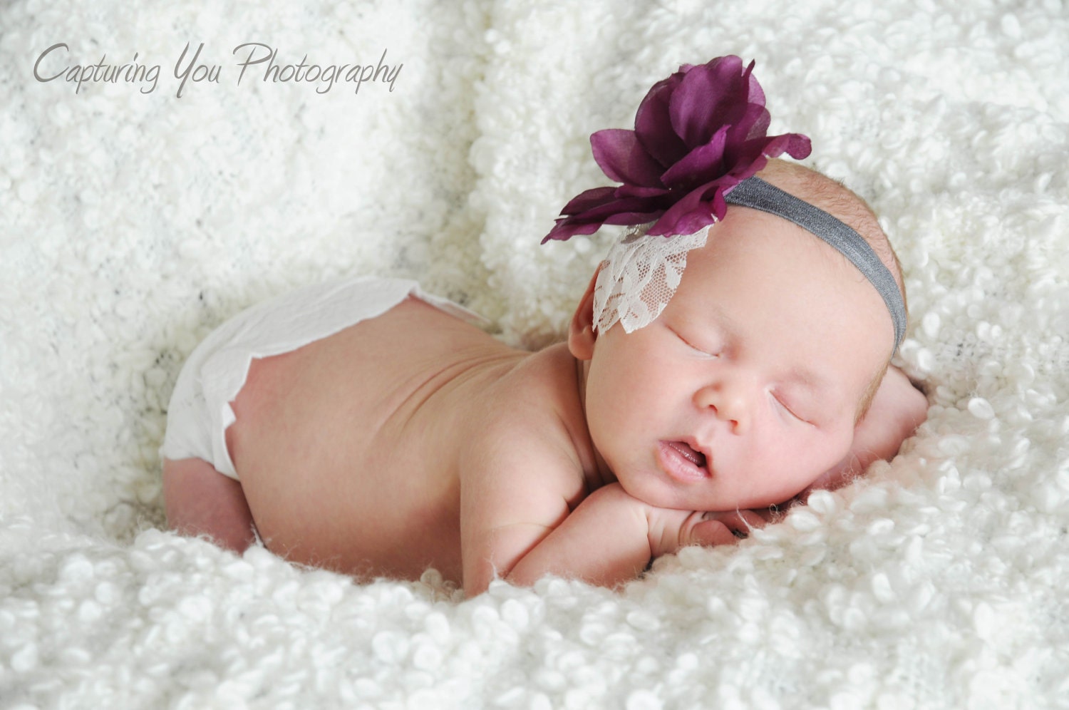 Plum Rose and Lace Headband with Charcoal Elastic Band and Pearls