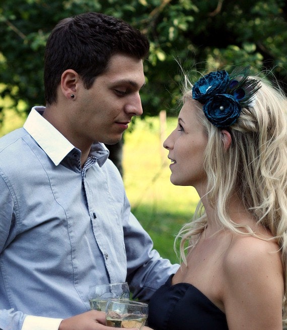 Alessandra Bloom Headband in Teal with peacock feathers
