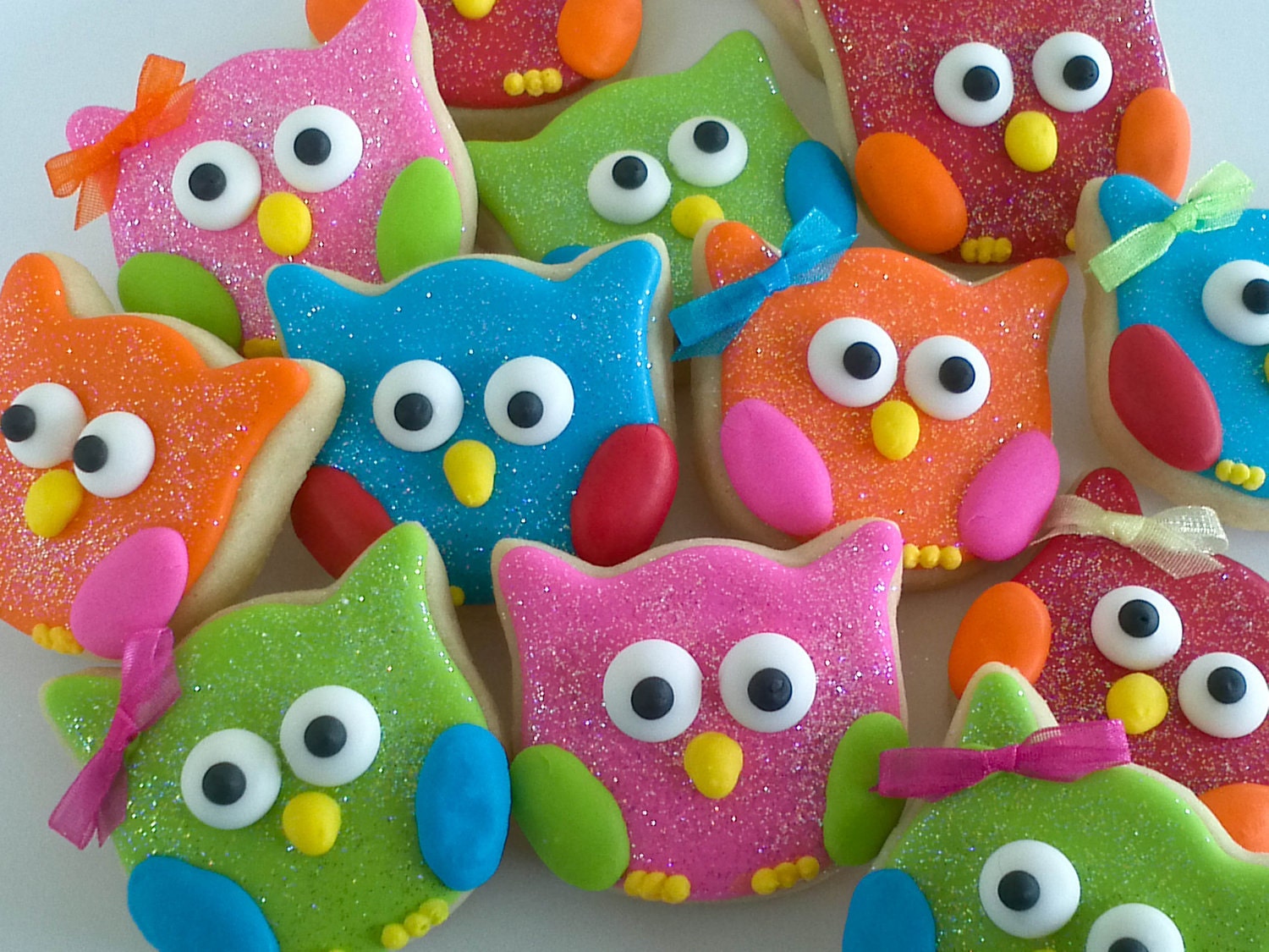 Colorful Owl Cookies- 3 Dozen for Lachelle in hot pink, purple, lime, orange, and turquoise